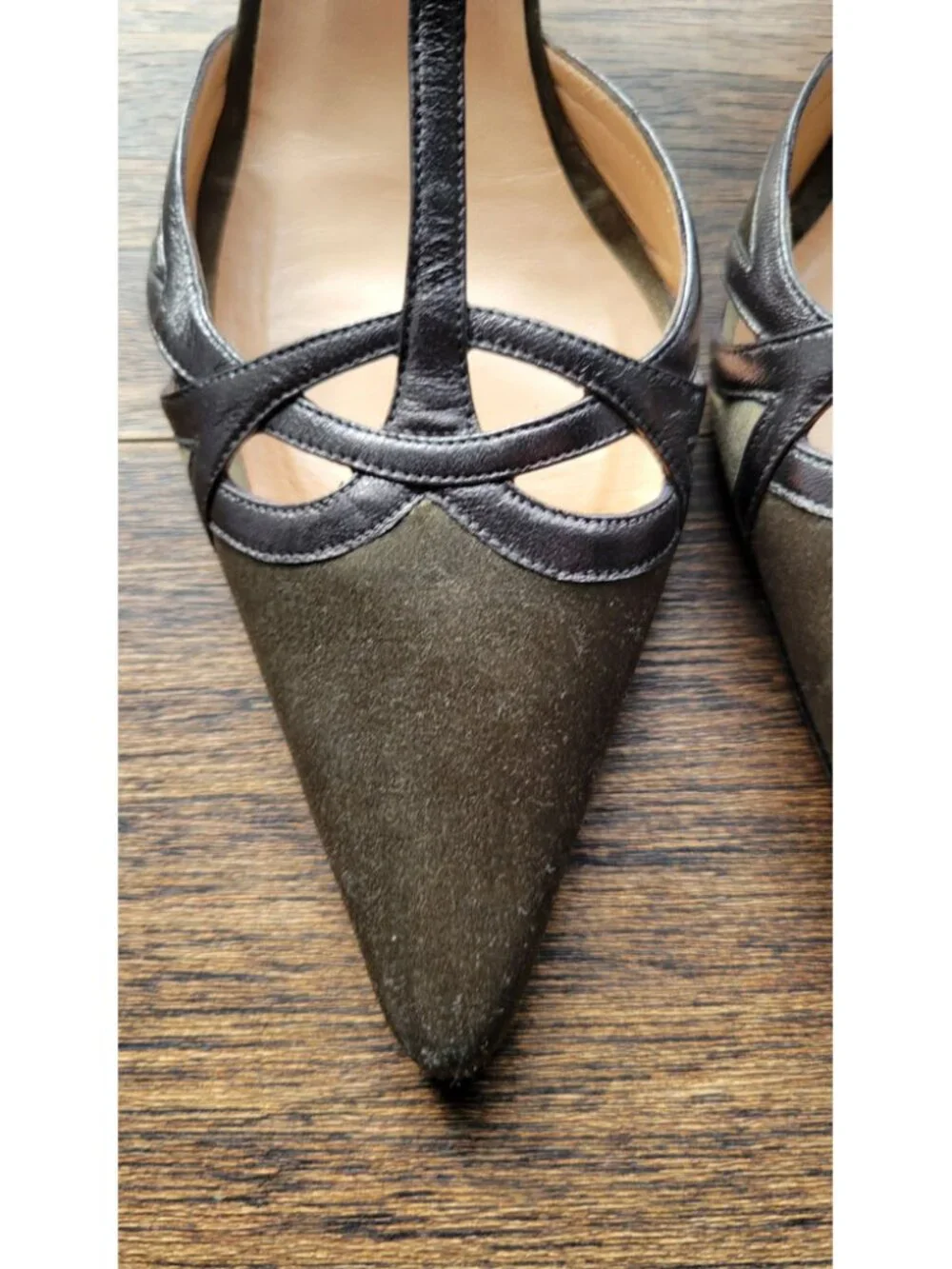 Christian Louboutin Rare Kitten Heels Brown Satin with Grey Leather Straps/Trim